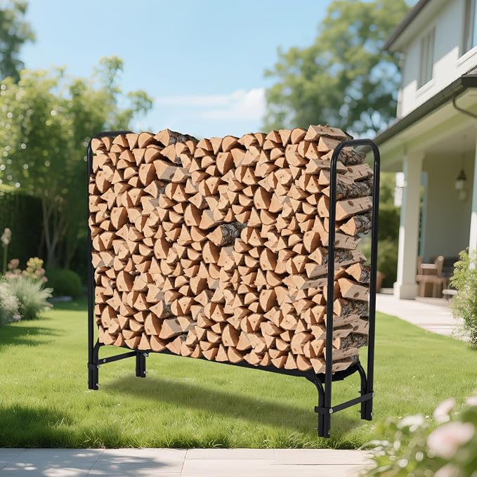 4ft Firewood Rack Holder, Heavy Duty Fire Log Stacker Stand for Fireplace, Outdoor Indoor Metal Wood Pile Storage Organizer, Patio Logs Stand tool, Black