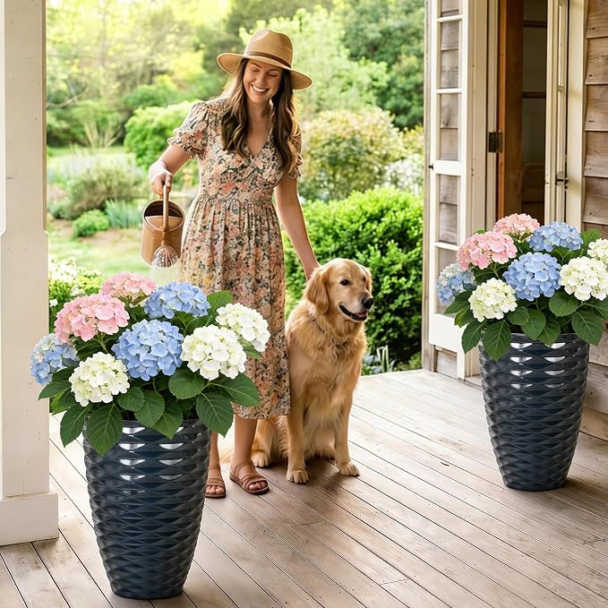 19" H Coastal Planter for Indoor/Outdoor Plants, Set of 2 Large Flower Pot with Drainage Hole, Weather/UV Resistant Resin Planters for Garden Patio Porch Home office Decor, Glossy Navy Blue Wavy