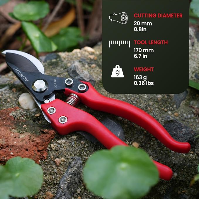 AGRICUT 7" Pruning Shears Heavy Duty Professional with Sheath, Made of Japanese SK5 Steel Blades, 4/5 Cut Capacity, Bypass Hand Pruners Garden Clippers for Tree Flower Branch Trimming, S20PC