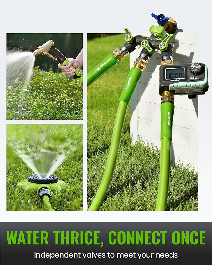 RAINPOINT 3 Way Hose Splitter, 100% Metal Heavy Duty Garden Hose Splitter With 1.9" Extra Long Handle & Individual Shut Off, 3/4 Inch GHT Thread Water Hose Connector For Outdoor Spigot Faucet (Green)