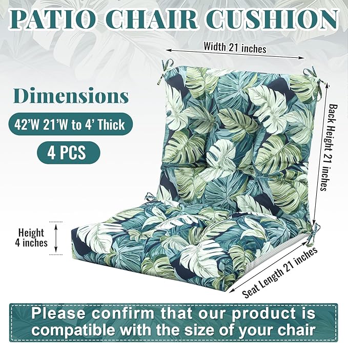 Marsui 4 Pcs Outdoor Indoor High Back Chair Cushions Patio Furniture Tufted Pillow with Ties Water-Resistant Replacement Outdoor Rocking Chair Cushions, 42 x 21 Inches (Green,Leaves)
