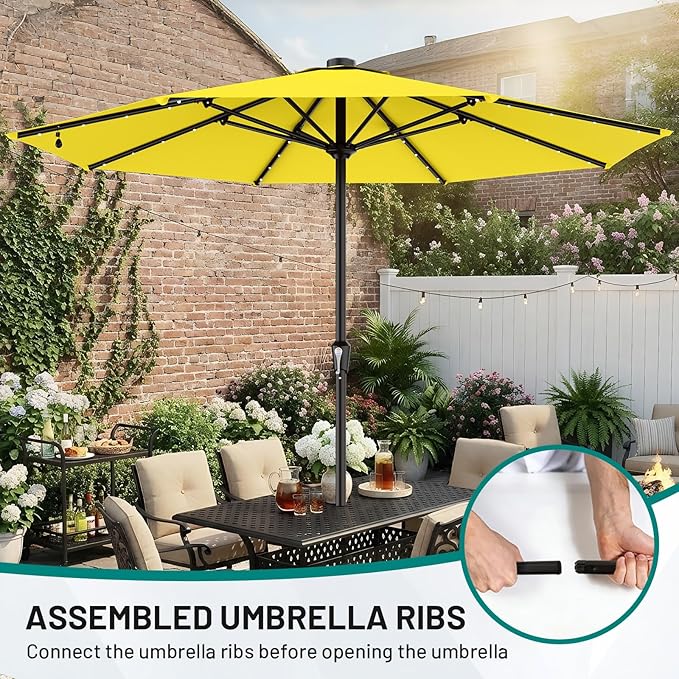 AreShark 11FT Large Patio Umbrella with Solar Lights, Lighted Solar Umbrella with Crank, Outdoor Table Market Umbrellas for Garden, Deck, Backyard, Pool and Beach, Yellow