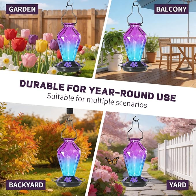 Glass Hummingbird Feeder for Outdoors Hanging, 25Oz Humming Bird Nectar Feeder, Perch, 5 Flower Feeding Ports, Leak Proof Base, Hook for Outside Garden Backyaard, Gift for Women, Diamond Purple