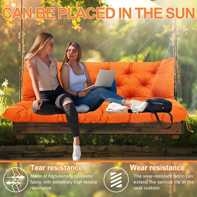 Premium 5" Thick Waterproof Porch Swing Cushions Sturdy Durable 3 Seat Replacement Outdoor Swing Cushions with Backrest&Ties Bench Cushion for Outdoor Furniture Backyard Patio Garden (Orange)