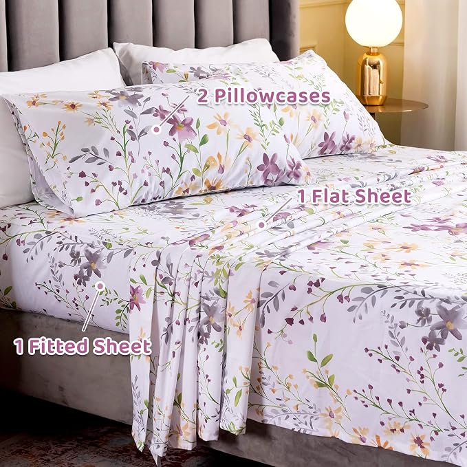 QSH Floral King Size Sheet Sets - Yellow Flower Botanical Pattern Egyptian Cotton Printed Bedding Sheets King Size Bed Soft and Breathable 17.5" Extra Deep Pockets Bed Sheets 4 Pieces