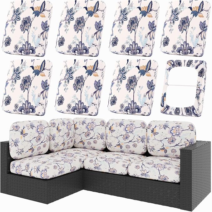 hyha 8Pcs Patio Cushion Covers, Stretch Outdoor Couch Cushion Covers, Washable Outdoor Chair/Sofa Slipcovers for Patio Furniture Cushions Protector with Elastic Bottom(Vintage Flower,Cover Only)