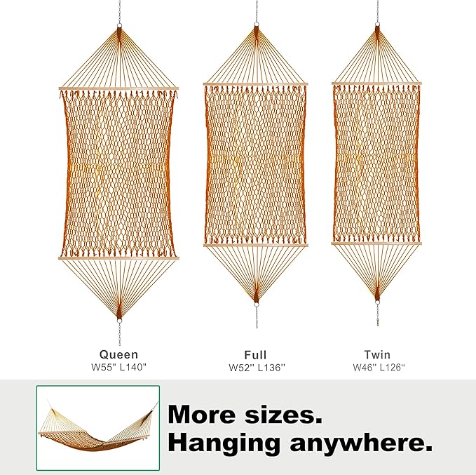 GAFETE 12ft Family Hammocks, Handwoven Traditional Cotton Rope Hammock with Hardwood Spreader Bar, Chains and Hooks for Indoor Outdoor, Max 450 lbs Capacity (Coffee Brown, Large)