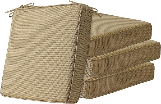 Unimatta Square Corner Seat Cushions, 19" x 19" x 3", Set of 4, Indoor Outdoor Water Repellent Universal Chair Pads with Ties for Patio Furniture, Garden Dining Chairs, Natural Beige Lattice