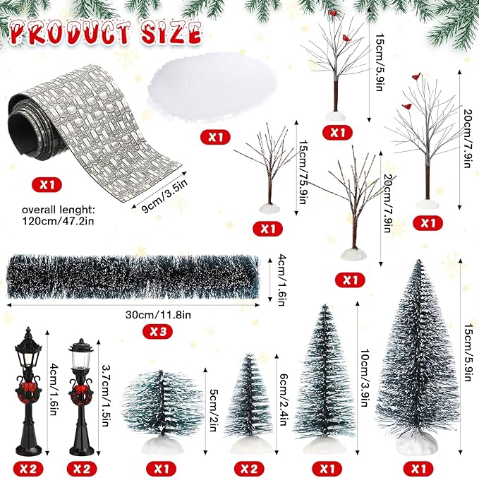 Hotop 18pc Christmas Village Accessories 47.2 Inch Village Roads Mini Snowy Trees Streets Light Lamppost Hedge Figurines Set for Display Winter Holiday Decorations DIY Crafts No Batteries(Cute)