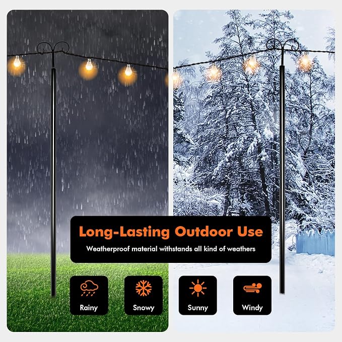 Goplus String Light Pole for Outside, 2 Pack 10ft Outdoor Metal Poles with Hooks for Hanging String Lights, Heavy Duty Garden, Backyard, Patio Light Poles Stand for Deck, Parties, Wedding