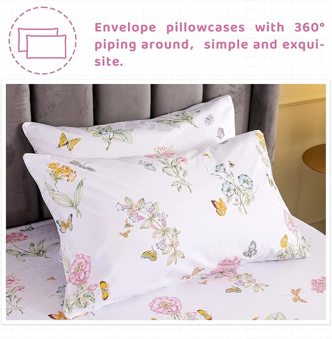 QSH Floral Queen Size Sheet Sets - Flower Butterfly Print Pattern Egyptian Cotton Printed Bedding Sheets Queen Size Bed Extra Soft and Breathable 4pcs Deep Pockets Bed Sheets