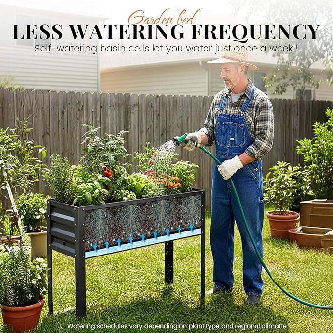 KING BIRD Raised Garden Bed with Legs & Water Storage Tank Galvanized Elevated Planter Box 48×17×31.5 in for Backyard, Patio, Balcony, 300lb Capacity, Dark Grey