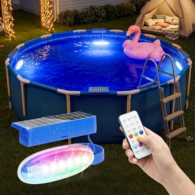 APONUO 4 Pack Solar Pool Lights, Pool Solar Lights for Above Ground Pools with Remote, IP68 Waterproof, RGB Color Changing Solar Powered Pools Light for Pond, Fountain,Yard (Blue)