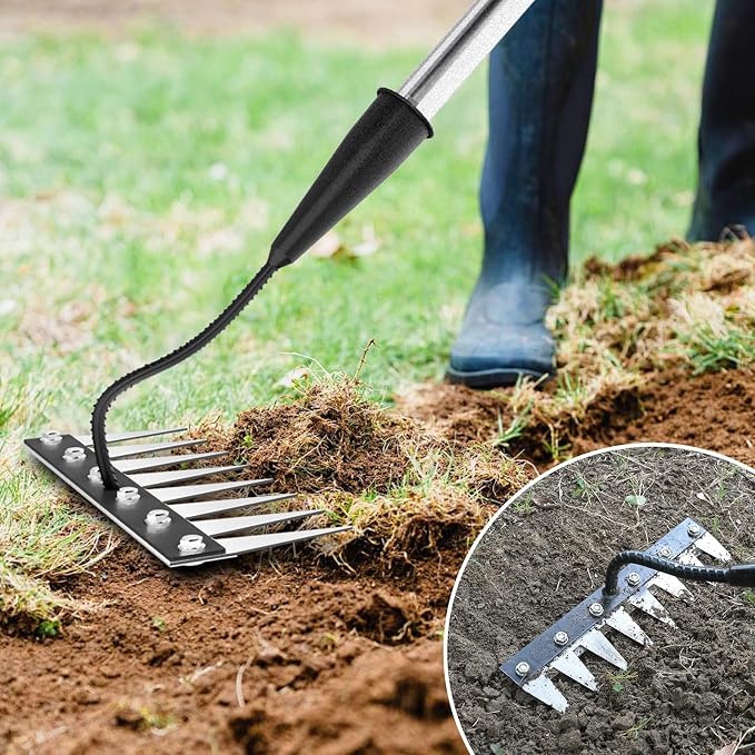 Iron Weeding Rake with Long Handle (Pre-Assembled), 8 Teeth Iron Rakes for Gardening and Weeding, Heavy-Duty Carbon Steel Weed Rake or Weed Puller Tool for Lawn, Patio and Garden, Gloves Included