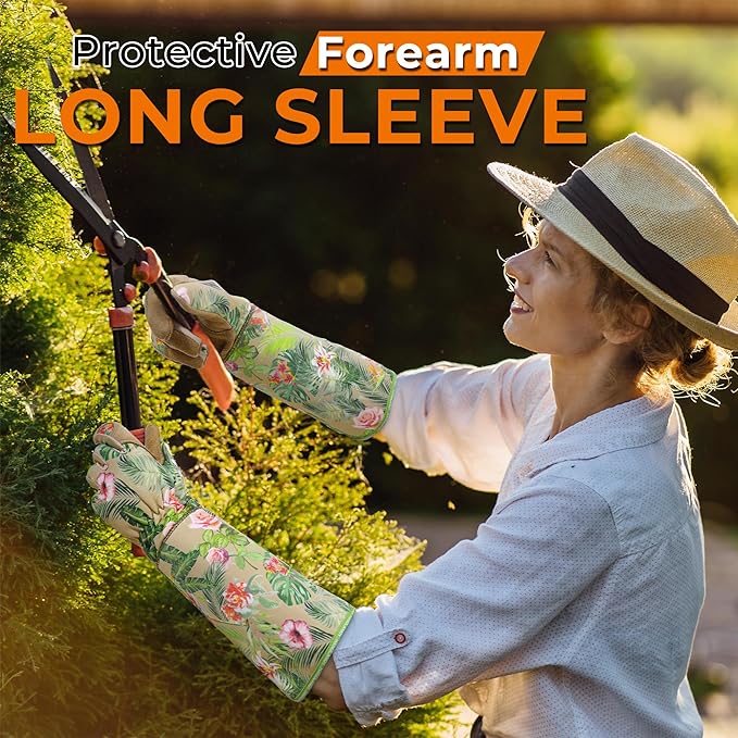 HANDLANDY Leather Gardening Gloves for Women, Scratch Resistant Breathable Ladies Rose Pruning Garden Gauntlet Yard Gloves, Gift for Gardeners (Khaki, L)
