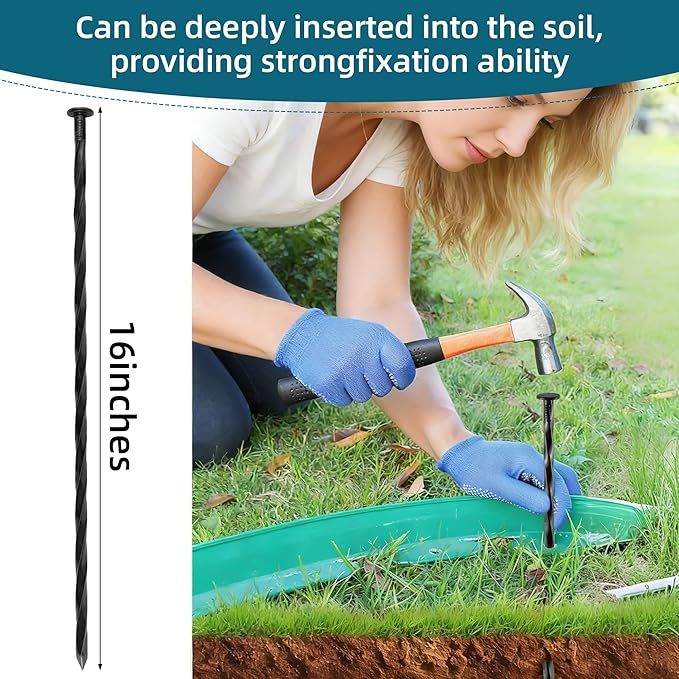 16 Inch Spiral Landscape Stakes, 50 Pack Heavy Duty Metal Ground Anchor Spikes for Paver Edging, Weed Barrier, Camping Tent