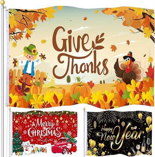 Batiyeer 3 Pcs Seasonal Garden Flag 3 x 5 ft Double Sided Yard Banner for Outside Holiday Flag Banner with Grommets for Outdoor Decorations(Thanksgiving, Christmas, New Year)