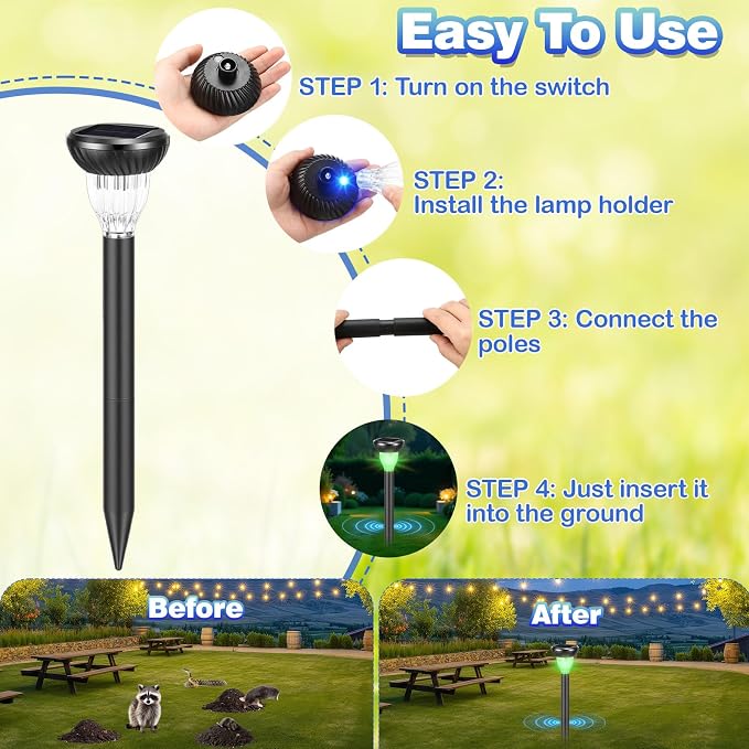 12 Pack Solar Ultrasonic Animal Repellent with RGB Color-Changing Lights, Pest 360° Sonic Deterrent for Outdoor Lawn & Garden, Solar Powered Mole, Snake & Gopher Repellent Stakes (Round Style)