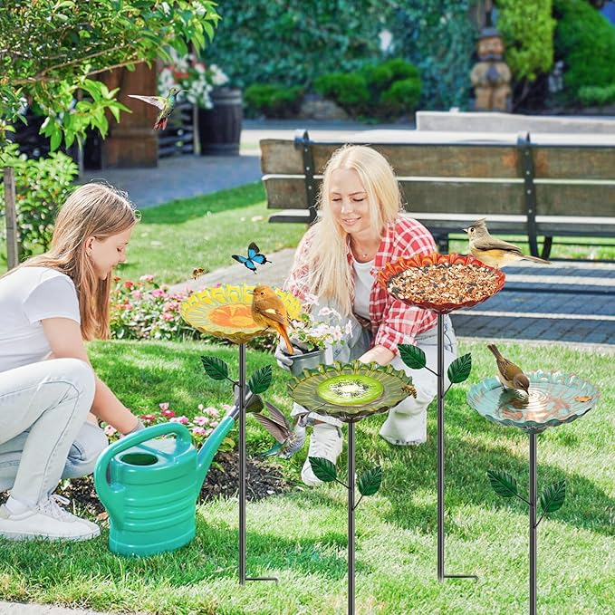 2 Pack Bird Baths for Outdoors, Colorful Metal Bird Bath for Outside, Hummingbird Bath with Five Stakes, Outdoor Birdbath Decor for Garden Yard Lawn Backyard Patio (4PCS Sunflower)