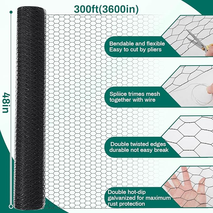 GlikCeil 48 in x 300 ft Chicken Wire Mesh Fencing for Floral Garden, 23 Gauge Black Galvanized Steel Wire, 1 Inch Hexagonal Hardware Cloth Netting for Farm Crafts Poultry Coop Barrier Rabbit Cage