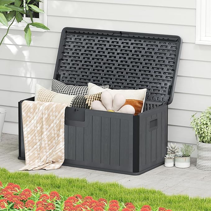 Giantex 100 Gallon Deck Box, Waterproof Resin Box with Lockable Lid, 440Lbs Outdoor HDPE Storage Container Bench for Patio Furniture Cushions, Pool Tools & Garden Accessories (Grey)