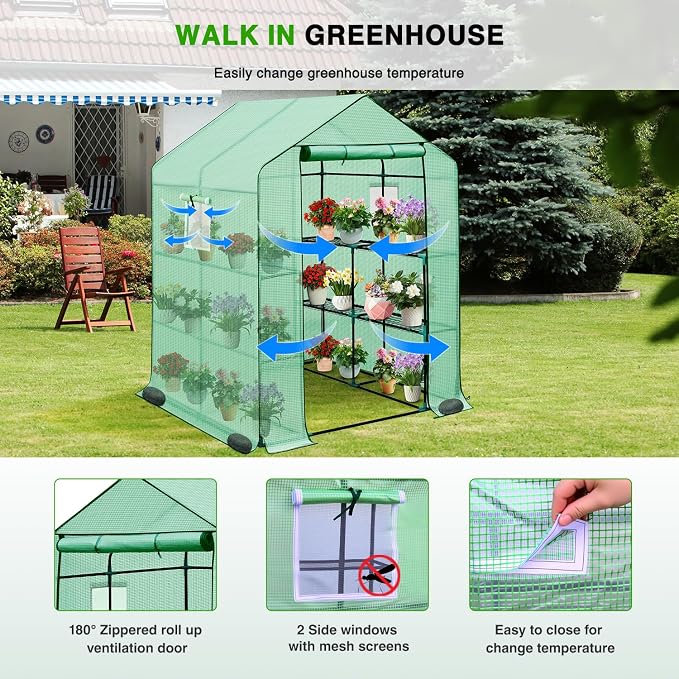 Yesker Greenhouse 57.5"x57"x77" Walk in Green House - Large Outdoor/Indoor Greenhouses with 8 Shelves Waterproof PE Cover & Windows, Portable Greenhouse Kit for Winter Backyard Gardening Patio, Green