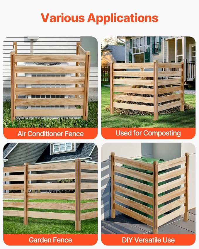 VEVOR Wood Privacy Fence, 36" W x 36" L, 3 Panel Slatted Air Conditioner Fence Screen, Pool Equipment Enclosure with Metal Stakes, Easy DIY Installation, Outdoor Trash Can Hider for Garden Decoration