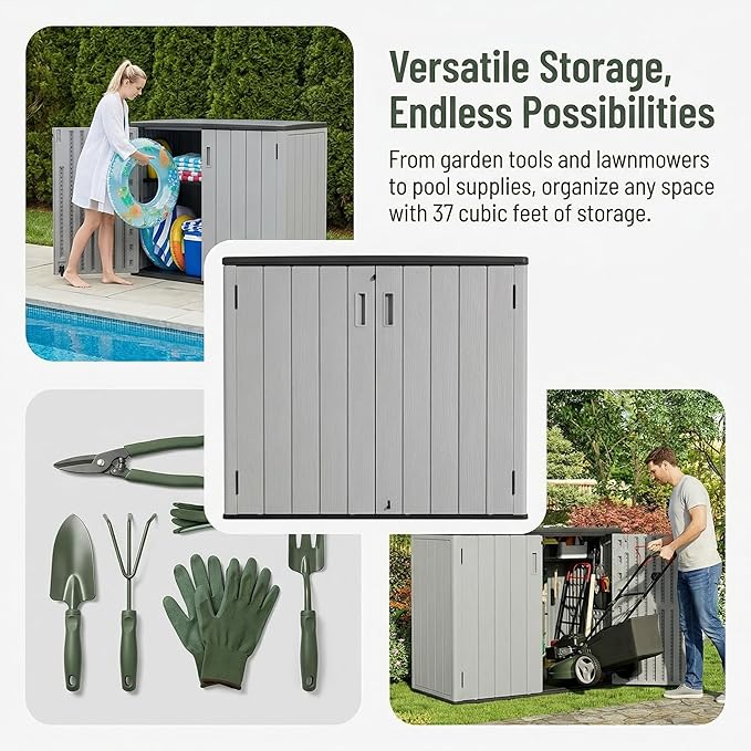 37 Cu. Ft Outdoor Storage Box, Waterproof Resin Shed with Lockable Lid, Horizontal Outdoor Storage Cabinet for Patio Garden Lawn Mower Bike Tools, Wood-Like HDPE Panels, Easy Assembly