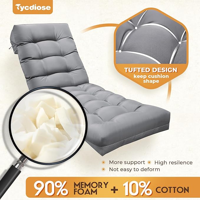 Outdoor Lounge Chair Cushion, Waterproof Chaise Lounge Cushions Replacement for Outdoor Furniture Thickened 71 x 22 x 4.7 Inches Non-Slip Patio Pool Lounge Chair Cushions with Ties (Grey)