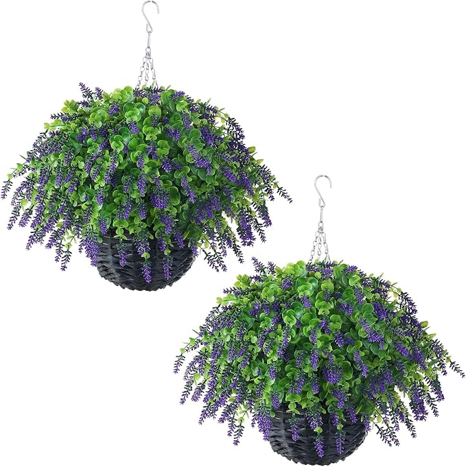 VIERENA Artificial Lavender and Eucalyptus Leaves Hanging Basket - 2 Set for Outdoor Decorations,Fake Flower Hanging Basket UV-Resistant for Porch, Home Garden, Farmhouse, Eaves, Yard Decor