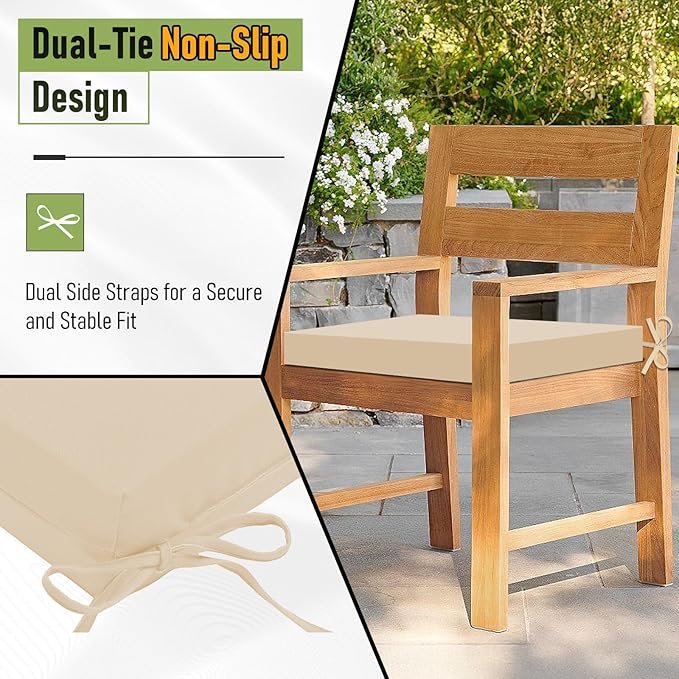 Basic Beyond Indoor/Outdoor Chair Cushions, Waterproof Patio Furniture Cushions - Square Corner Seat Cushions for Patio Furniture with Ties, 18.5"x16"x3", Beige, 4 Count (Pack of 1)