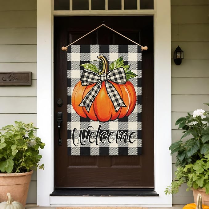 Fall Pumpkin House Flag 28x40 Inch Welcome Autumn Harvest Theme Thanksgiving Buffalo Plaid Decorative Yard Flags for Outside Double Sided Outdoor Home Farmhouse Decoration Porch Decor