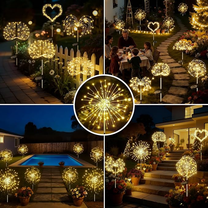 btfarm 3 Pack 120 LED Solar Garden Lights Outdoor, 8 Modes Firework Lights Solar Powered, Waterproof Twinkle Fairy Light Outside for Yard Patio Pathway Pool Christmas Party Decorative, Warm White