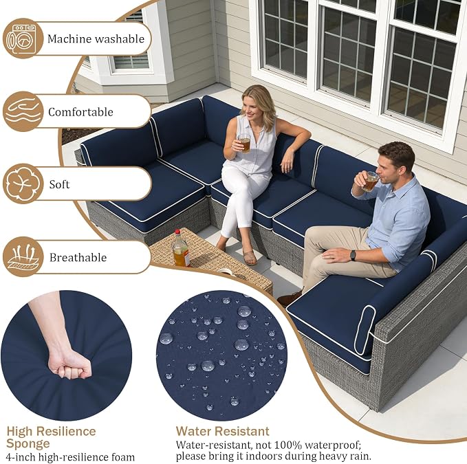 14 Piece Outdoor Furniture Replacement Cushions, Cover+Filling, 25.6" x 25.6" x 4" Foam Waterproof Outdoor Sofa Cushion Sets, Fit Wicker Rattan Sectional Conversation Set,Navy Blue+white Piping
