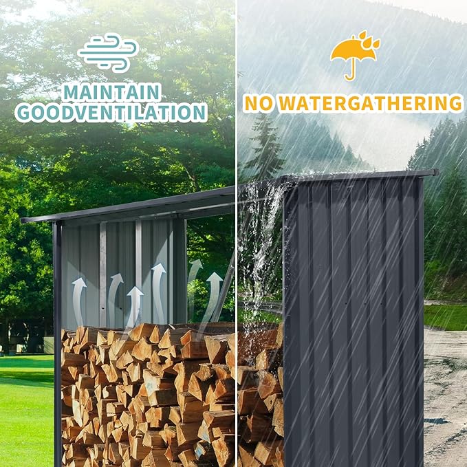 Ball & Cast 85.5" Outdoor Steel Firewood Rack Metal Storage Shed with Middle Stiffener and Reinforced Base,Multi-Functional Waterproof Cabinet W/Roof,for Equipment Machines,Black