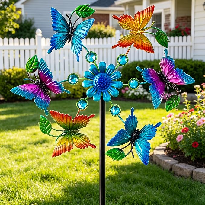 44" Butterfly Wind Spinners Garden Whirligigs, Flower Butterfly Wind Sculpture Yard Art Decorations for Lawn, Patio & Yard & Garden Decor, Metal Wind Spinners Outdoor Decor