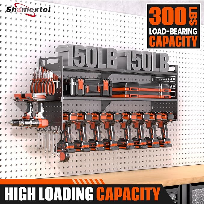 33" W Power Tool Organizer Wall Mount,Heavy Duty Cordless Tool Organizer with 10 Drill Holder, 300 Lbs Capacity 3-Layer Garage Organization for Garage and Workshop (Black)