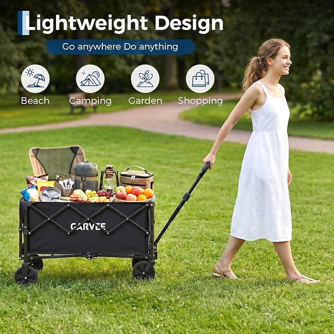 Collapsible Wagon Cart Max 220lb Load & Expandable Storage 120L, Double Bearing Design for Flexible Steering, Foldable Heavy Duty Garden Cart with 2 Cup Holders for Groceries, Garden & Camping