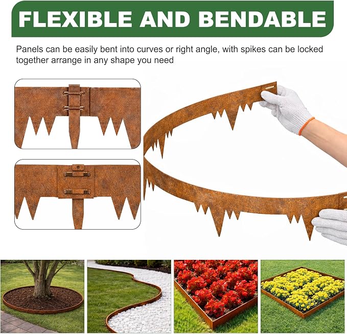 Metal Landscape Edging Border 4 Packs 42'' L x 4.5'' H, Pre-Rusted Steel Garden Edging Border with 4 Stakes, Hammer-in Lawn Edging for Landscaping, Flower Bed, Yard, Pathway, Tree Ring (14ft Total)