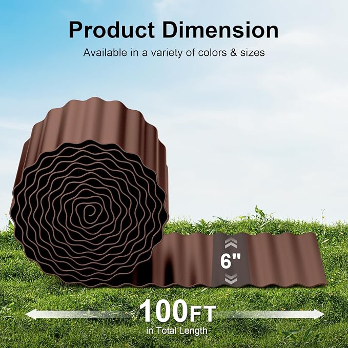 Land Guard Corrugated Garden Edging Border, 6" x 100' Landscape Paver Edging, Tall Landscape Edging, Fence for Garden, Flower Bed, Lawn and Landscape Edging (Brown)