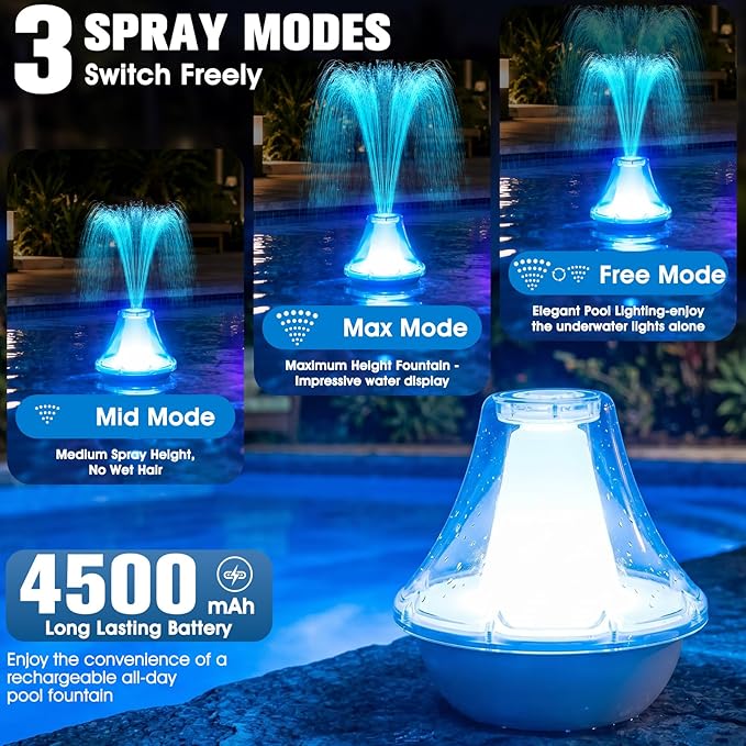 Bubbling Pool Fountain with Lights,Floating Pool Fountains with Anchor,Above Ground Pool Water Fountain Pump,Battery Powered Swimming Pool Floating Fountains for Inground Pool-1PC(White)
