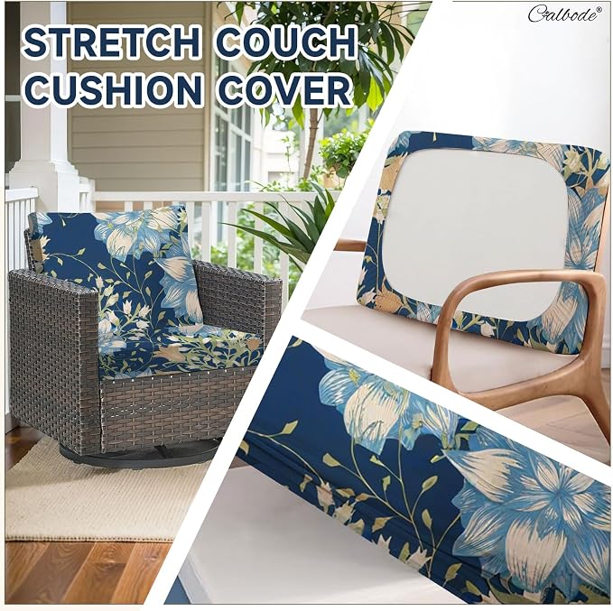 CALBODE 8Pcs Stretch Patio Cushion Cover, Printed Couch & Sofa Slipcovers for Patio Furniture Cushions Washable Reusable Couch Covers Replacement for Autumn Winter (Dark Blue Floral, Cover Only)