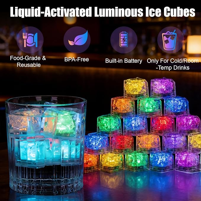 24 Pack Light Up Ice Cubes for Drinks, Multi Color Led Ice Cubes, IP67 Waterproof Reusable, Glowing Flashing Changing Lights, Water Activated Drink Lights for Cocktails Club Party Bar Wedding Decor