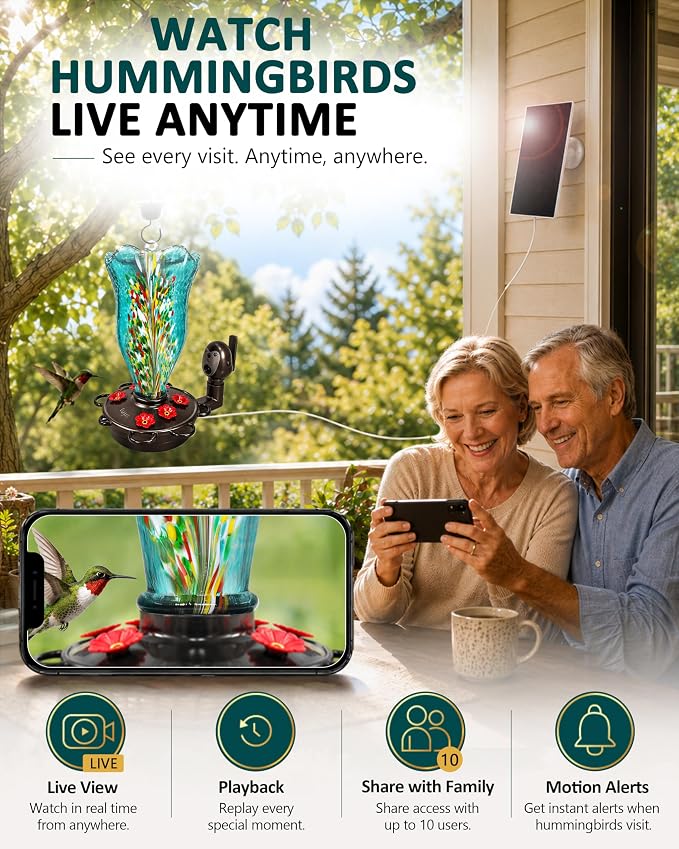 LUJII Smart Hummingbird Feeder with Camera for Outdoor Hanging, Hand Blown Glass, Solar WiFi Feeder with Live View App, 6 Feeding Ports, Leak-Resistant Design, Ant Moat & Gift Box, 32 fl oz, Teal