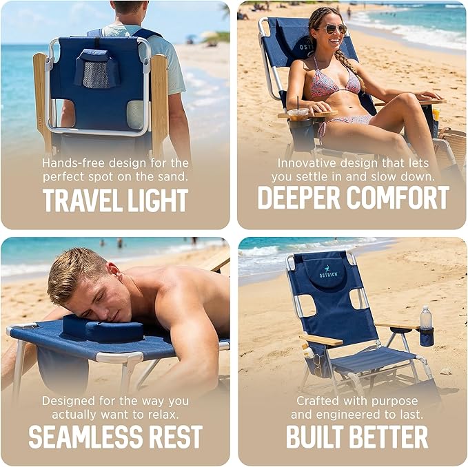 Ostrich the Woody Backpack 3N1 Portable Chair with Cooler Bag and Reclining Lounger for Tanning, Camping, Beach, and Outdoor Essential, Navy Blue