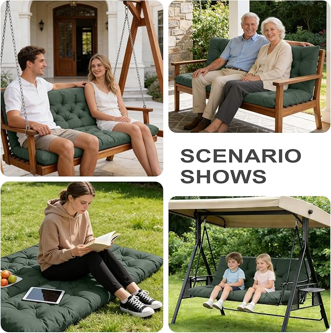 Porch Swing Cushions,Outdoor Cushions 3 Seater Replacement with Backrest, Waterproof Thickened Bench Cushion with Ties for Porch, Patio,Outdoor, Backyard and Garden (Dark Green 40 * 40 in)