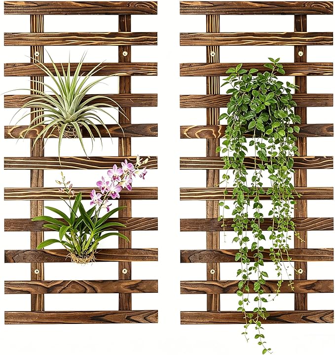 2 Pcs Wall Planter for Indoor Outdoor Plants - Wooden Wall Amounted Plant Holder for Hanging Pots, Vertical Pack Wood Garden Trellis for Climbing Plants Orchid Ivy Vine Rose Patio Home Decor, 23.62"