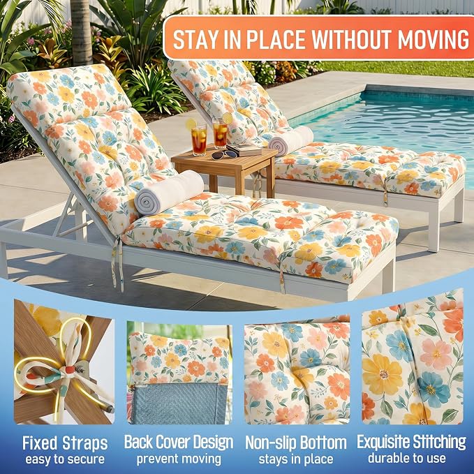 MAGIC ELEPHANT Chaise Lounge Cushion Outdoor, Memory Foam Patio Lounge Chair Cushion with Ties for Outdoor Furniture, 74 x 22 x 4 Inch (Multicolor Floral)