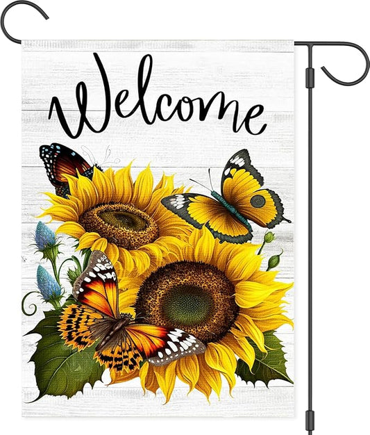 Summer Sunflower Butterfly Garden Flag 12x18 inch Double Sided Welcome Burlap House Flag, Small Outdoor Yard Flag for Garden Porch Farmhouse Decor