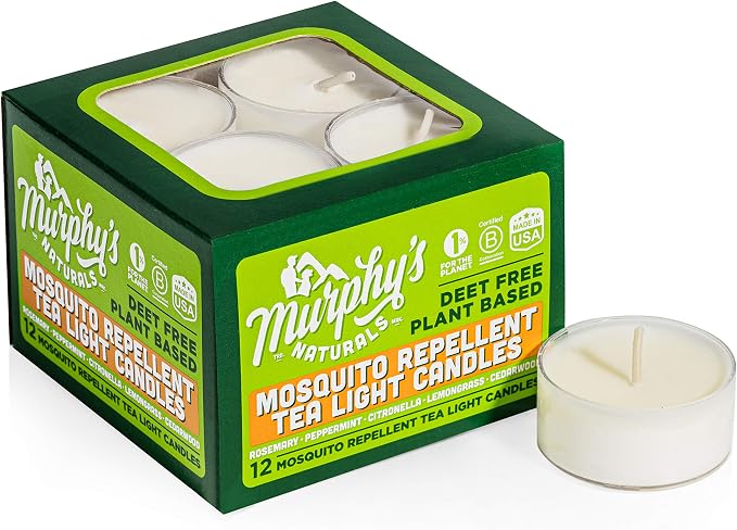Murphy’s Naturals Mosquito Bug Repellent Tea Light Candles for Outdoor Patio, Citronella & Essential Oils, 4-Hour Burn Time Each, 12-Pack